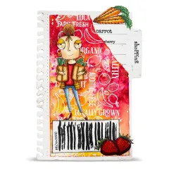 Rot-orangefarbene Register-Reiter-Karte mit Obst-Gemüse-Musterhintergrund, Karotten-Stanzform, Strichcode und Text „Farm Fresh Organic"