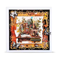 Mixed-Media-Karte in Orange-Schwarz mit Schmetterling-Stanzteilen, Notenpapier-Hintergrund und Wortsticker „Romanticism”