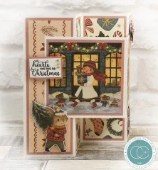 Runde Klappkarte mit Fuchsfamilie am Kamin und Schriftzug „Winter Wishes“