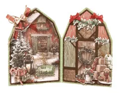 Aufklappbare Scheunen-Karte 'Have a Beautiful Christmas' mit winterlicher Hofszene und weihnachtlich dekorierter Scheunentür.