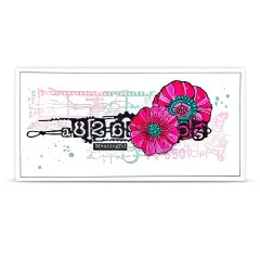 Beispielkarte mit großer Schlüssel-Silhouette, zwei pinkfarbenen grafischen Blüten und Stempel „Meaningful"