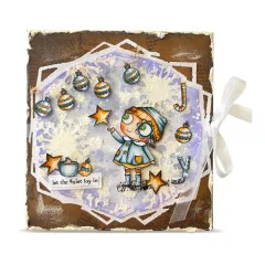 Beispielkarte im Schneeflocken-Rahmen mit der Mädchenfigur, Kugelgirlande und Schriftzug 'let the quiet joy in'.