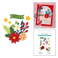 Fertige Weihnachtskarte mit gestanzten Blumen, Noel-Banner und geprägtem Schriftzug 'Season's Greetings' auf rotem Karton.