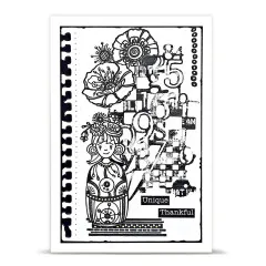 Schwarz-weiße Beispielkarte im Skizzenbuch-Look mit Mohnblüten, Matroschka-Umriss und Wortstempeln „Unique" und „Thankful"