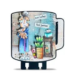 Als Tasse gestanzte Beispielkarte mit Nachttisch, Hustensaftflasche, Topfpflanze und den Sprüchen „not today" und „feel better"