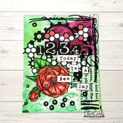 Grüne Karte mit gemalter roter Rose, der Waben-Zahlen-Stanzform und Wortstickern „Today is a new day"