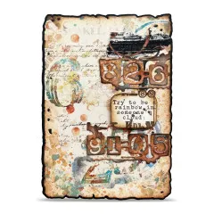 Beige Vintage-Karte mit rostig gefärbter Zahlen-Buchstaben-Code-Stanzform und Zitat „Try to be a rainbow in someone's cloud"