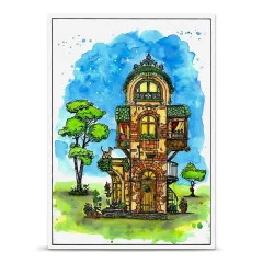 Koloriertes Beispielbild eines mehrstöckigen Türmchenhauses mit grünen Kuppeldächern vor blauem Aquarell-Nachthimmel, Katze auf dem Vorbau