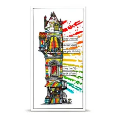 Beispielkarte mit schmalem buntem Turmhaus vor Regenbogenstreifen-Hintergrund und Spruch „Don't worry about what people think, they don't do it often"