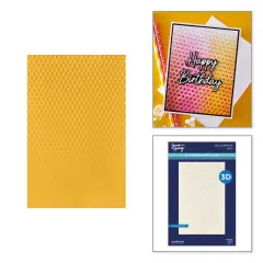 Kombinierte Ansicht aus geprägtem Punktemuster, fertiger Happy-Birthday-Karte im Farbverlauf Pink-Orange und Verpackungsvorschau