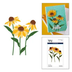 Kombinierte Ansicht aus flacher Illustration, fertiger Hello-Grußkarte mit den Blüten auf goldgepunktetem Türkis-Hintergrund und Verpackungsvorschau
