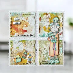 Beispielkarte im Briefmarken-Raster mit vier Feldern, Spruch „feel better", Nachttisch-Motiv und kolorierter Figur mit Teddy