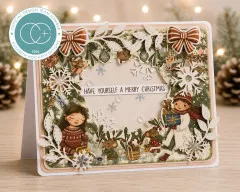 Gestaltete Weihnachtskarte mit Kranz-Stanzteilen, Mädchen- und Mäuse-Motiven und Schriftzug „Have Yourself A Merry Christmas“