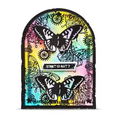 Bogenkarte mit Regenbogen-Hintergrund und großen schwarzen Schmetterling-Stanzformen, Wortsticker „What is Art?"
