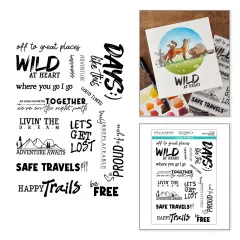 Fertige, aquarellierte Grußkarte mit Fuchs, Hase, Eichhörnchen und Biber im Kreisausschnitt und dem Schriftzug 'Wild At Heart'.