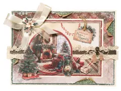 Fertige Weihnachtskarte mit Kaminszene, cremefarbener Schleife, Tannenzweig-Anhänger und Perlenband.