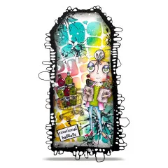 Türkis-gelbe Beispielkarte mit zerrissenem Rahmen, Einkaufswagen voller Flaschen und Spruch „emotional baggage"