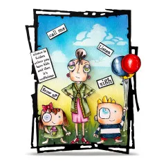 Beispielkarte mit Himmelshintergrund, Mutterfigur, zwei Kindern mit Luftballons und den Sprüchen „call me", „Listen", „sigh" und „grow uP"