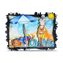 Schwarz umrandete Beispielkarte mit blau-weißem Sonnenschirm, Strandtaschen und Sonne in der Ecke