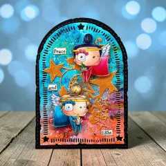 Beispielkarte mit zwei Engelsfiguren in Pink und Blau im Sternenbogenrahmen, Schriftzug 'Peace and light'.