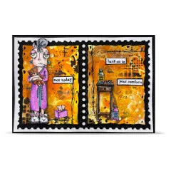 Orangefarbene Beispielkarte im Briefmarken-Stanzrahmen mit zwei Feldern, Nachttisch und den Sprüchen „not today" und „hang on to your comforts"