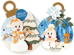 Zwei runde Geschenkanhänger-Karten mit Schneemann-Motiven, Weihnachtsstern und Stechpalmenzweig