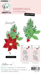 Kolorierte Beispielanwendungen beider Stanzform-Sets (Festive Holly und Poinsettia) mit Verpackungsvorschau beider Artikel