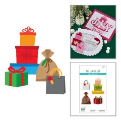 Fertige Anwendungsbeispiele: pinke Karte mit 'Joy and Peace' sowie ovale Box mit Geschenken, Tasche und 'Christmas'-Schriftzug.