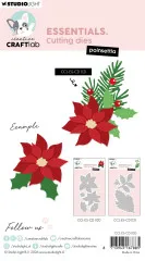 Kolorierte Beispielanwendung der Poinsettia-Stanzform in Rot mit Blütenmitte kombiniert mit dem Festive-Holly-Set, plus Verpackungsvorschau beider Artikel
