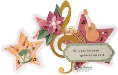 Mehrere Sternform-Anhänger mit Trommel-, Gitarren- und Notenschlüssel-Motiven sowie Weihnachtsstern-Blüte