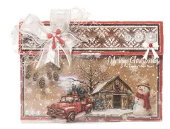 Weihnachtskarte 'Merry Christmas & a happy New Year' mit rotem Lastwagen, Scheune und Schneemann hinter transparentem Acetat-Overlay.