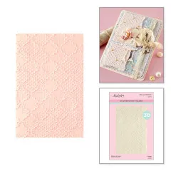 Kombinierte Ansicht aus rosa Musterprobe, fertigem Junk-Journal-Cover-Projekt mit Schwan-Applikation und Verpackungsvorschau