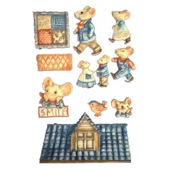 Farbig bemalte Maus-Figuren mit Kleidung, Häuschen und Texturelementen, vollständig kolouriert