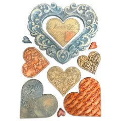 Farbig bemalte Herz-Gussteile aus der Silikon-Form in Blau, Gold, Orange und Rot