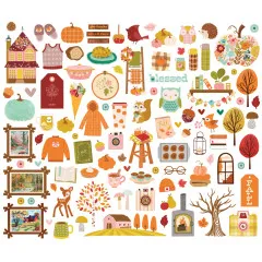 Ungeschnittener Bogen mit herbstlichen Motiven: Haus, Tiere, Bücher, Kürbisse und Fotorahmen im Pumpkins & Plaid Design