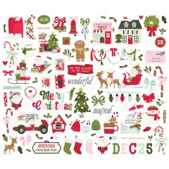 Ungeschnittener Bogen mit Briefkasten, Lebkuchenhaus, Rehen, Weihnachtsmann-Lieferwagen und "DEC 25"-Schriftzug im Kringle & Co. Design