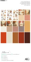 Übersicht aller Blätter des Paper Pads mit Stanzbogen, Herbstlandschaften, Streifenmustern und Unifarben