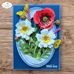 Blaue Karte mit roter Mohnblüte, weißen Blüten und zwei Schmetterlingen, Spruch „With love“.