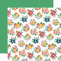 Blumenmuster Designpapier Freshly Picked mit bunten Blüten in Creme, Orange, Rosa, Gelb und Blau auf weißem Grund mit grünem Streifenmuster
