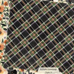 Doppelseitiges Paper mit Blumenmuster in Orange, Schwarz, Weiß und Grün sowie Tartanmuster auf der anderen Seite