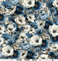 Dichtes Nahaufnahme-Muster aus blauen und weißen Anemonen und Pfingstrosen