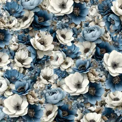 Dichtes Nahaufnahme-Muster aus blauen und weißen Anemonen und Pfingstrosen