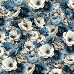 Dichtes Nahaufnahme-Muster aus blauen und weißen Anemonen und Pfingstrosen