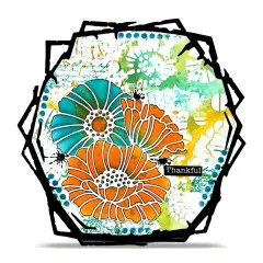 Handgemachte Karte mit buntem Mohnblumen-Hintergrund gestaltet mit Aall & Create Schablone