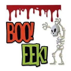 Nahaufnahme des roten Blutstropfen-Banners, der orangen und grünen „BOO!"/„EEK!"-Schriftzüge und des Skeletts.
