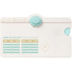 Mini Envelope Punch Board Aufsicht mit Maßstab, Stanzrad und Größentabelle für Kartenformate sichtbar