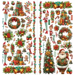 Zwei Laser-Cut-Bögen mit Elfen, Kränzen, Geschenkestapeln, Christbaum und Weihnachtsmann