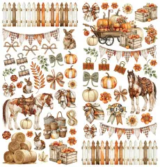 Zwei Laser-Cut-Bögen mit Pferden, Hasen, Kürbiswagen, Schleifen, Wimpelketten und Lattenzäunen