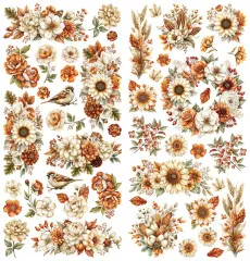 Zwei Laser-Cut-Bögen mit Rosen, Sonnenblumen, Spatzen, Weizen und Blütensträußen