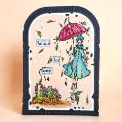 Bogenkarte mit Dame in Türkis mit Schirm, Korb und Etiketten falling for cosy